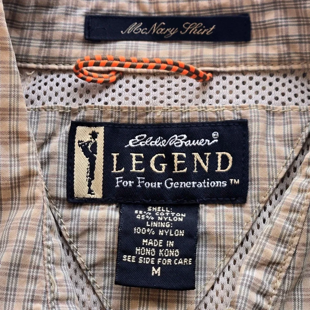Eddie Bauer Legend Earthtech McNary Short Sleeve Medium Tan Plaid Fishing Vented